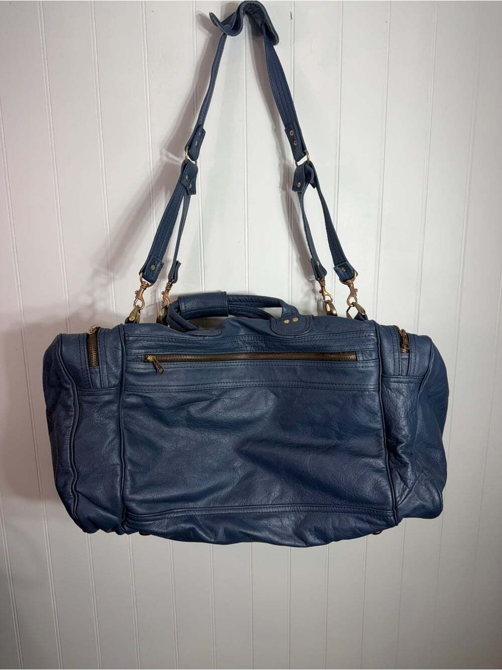 Vintage Blue Leather Weekender Duffel Travel Bag Carry-On